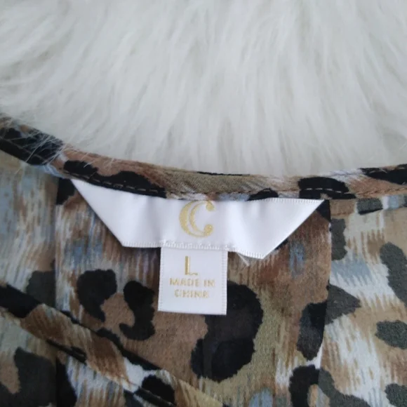 Charming Charlie Brown & Black Sheer Long Sleeve V Neck Animal Print Top Size L - Picture 9 of 9